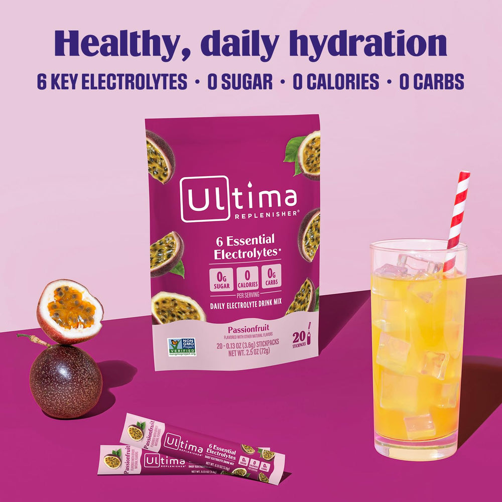 Front view of Ultima Replenisher packaging showing 20-stickpack box