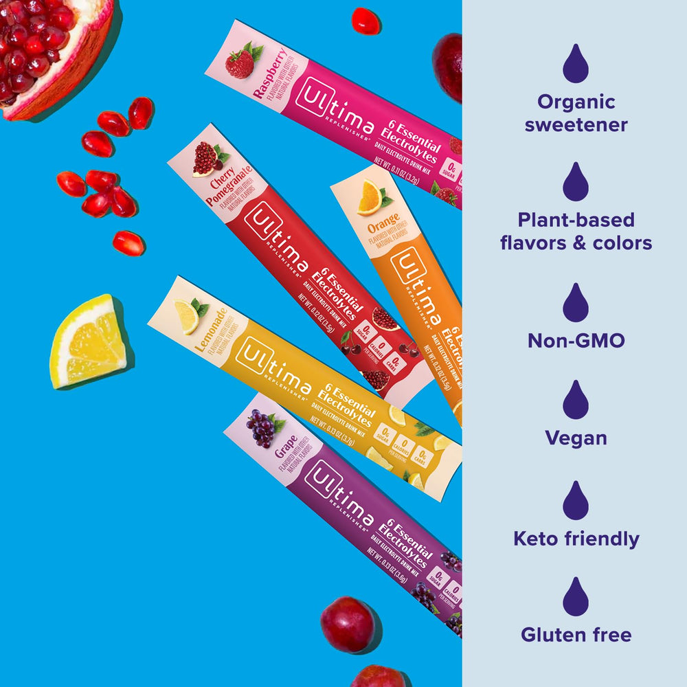 Cherry pomegranate flavor Ultima Replenisher electrolyte stickpack for daily hydration