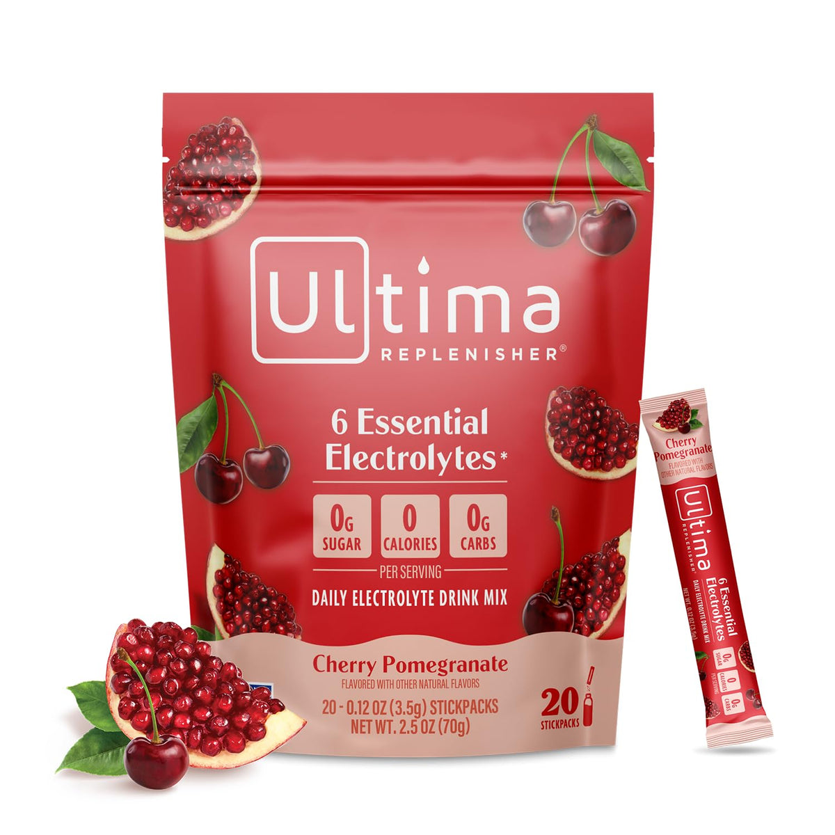 Ultima Replenisher cherry pomegranate powder tub ready for daily hydration.