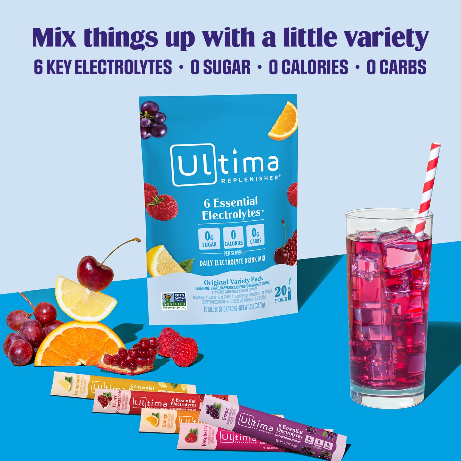 Grape flavor Ultima Replenisher electrolyte stickpack for on-the-go hydration