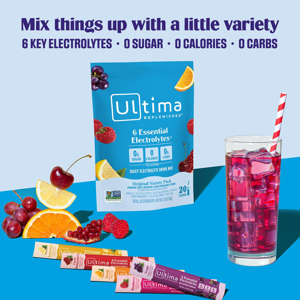 Grape flavor Ultima Replenisher electrolyte stickpack for on-the-go hydration