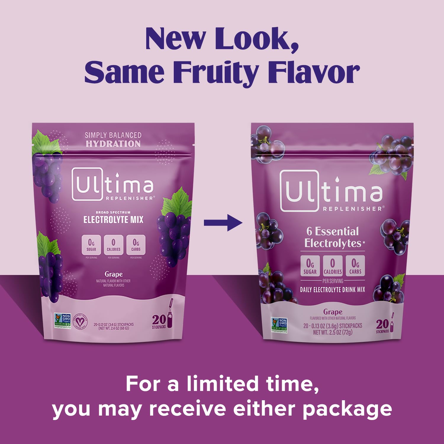 Glass of water with Ultima Replenisher grape powder for sugar-free hydration.