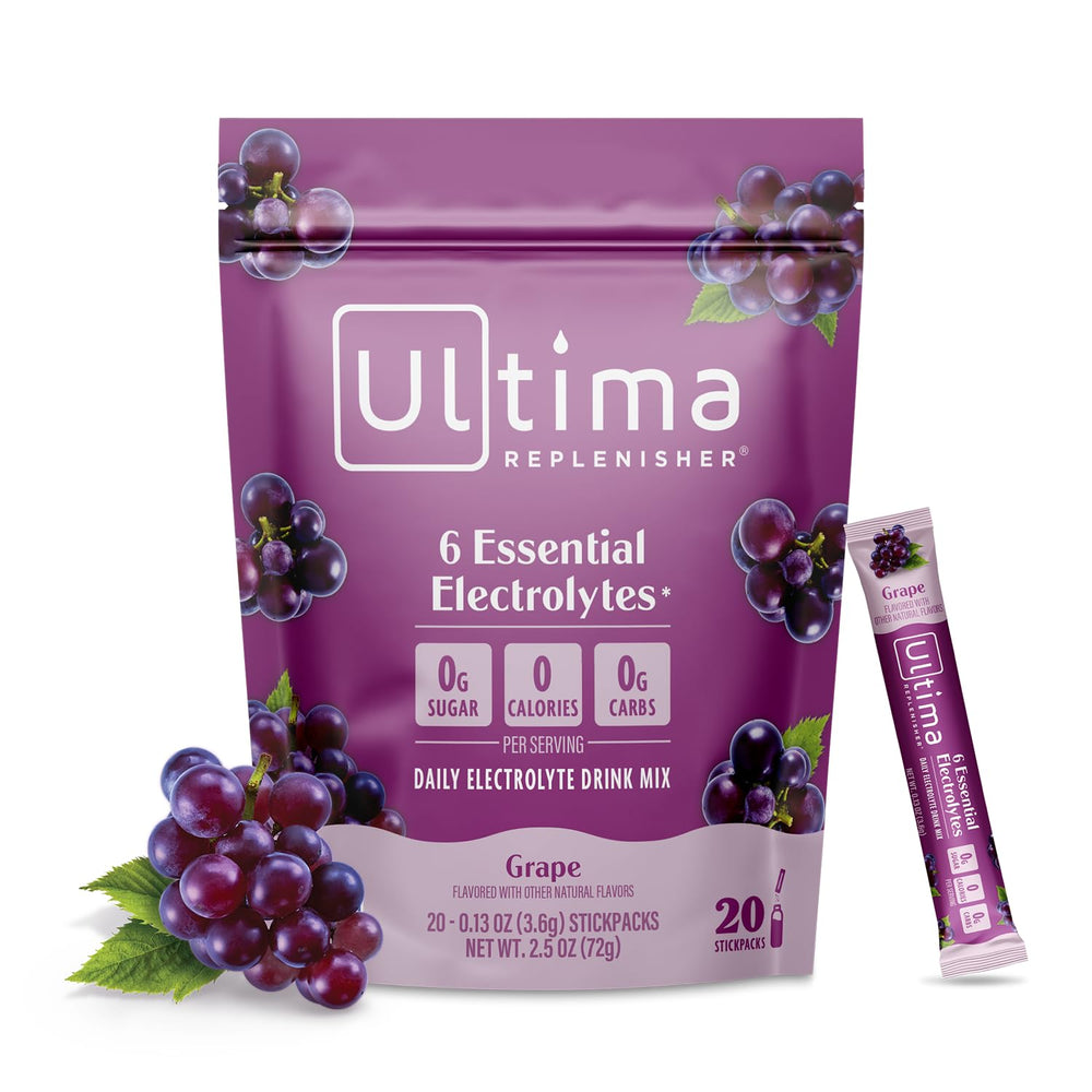 Ultima Replenisher grape stickpack for on-the-go hydration with six electrolytes.