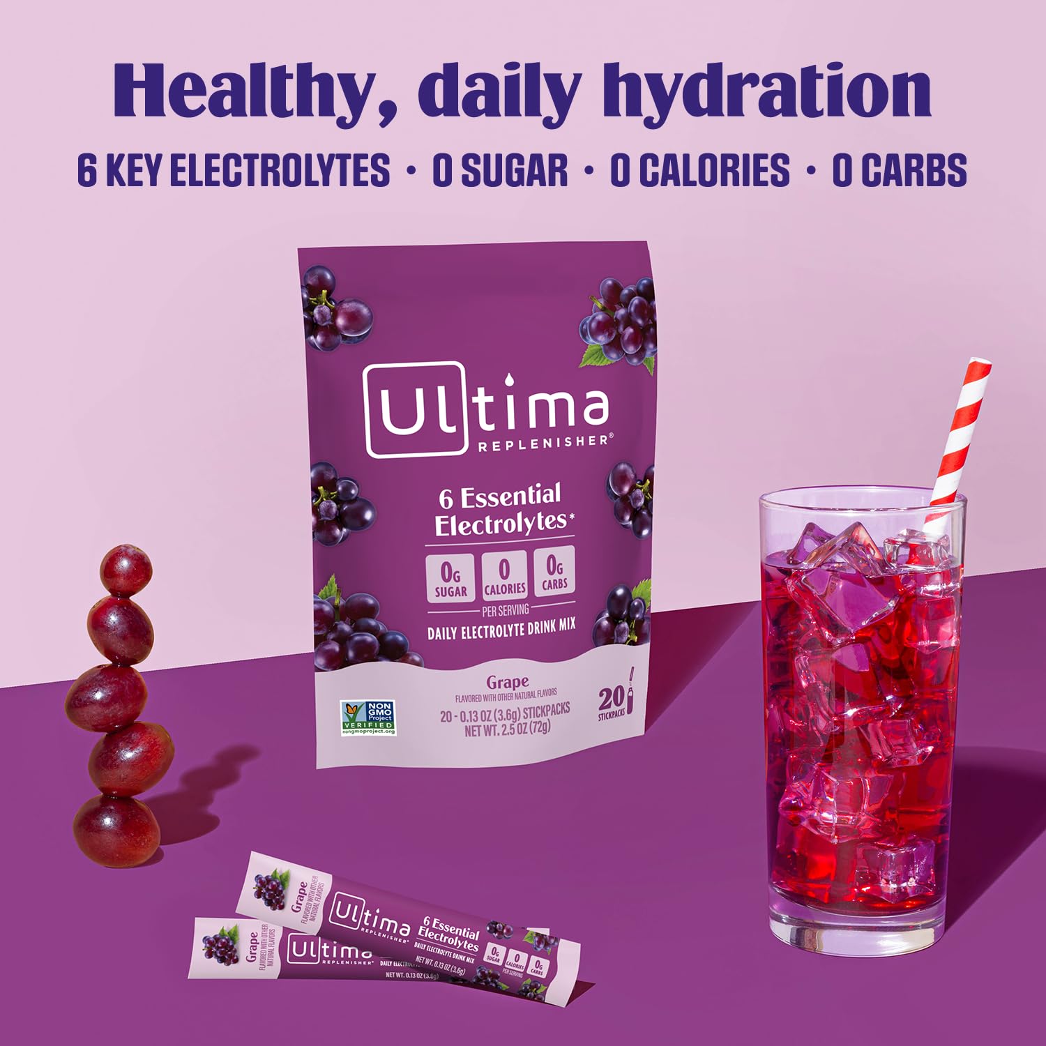 Front view of Ultima Replenisher grape electrolyte powder tub.