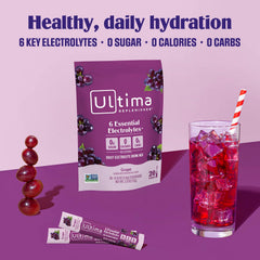 Front view of Ultima Replenisher grape electrolyte powder tub.