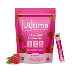 Ultima Replenisher Raspberry stickpack dissolves quickly for on-the-go hydration.