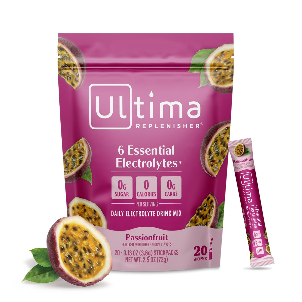Ultima Replenisher Passionfruit stickpack ready for hydration on the go