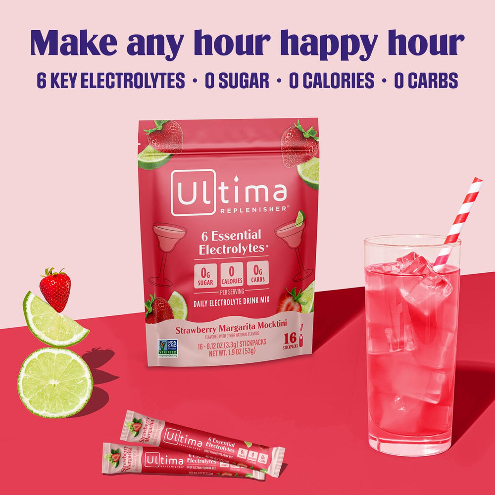 Ultima Replenisher daily electrolyte stickpack promotes balanced hydration with six electrolytes