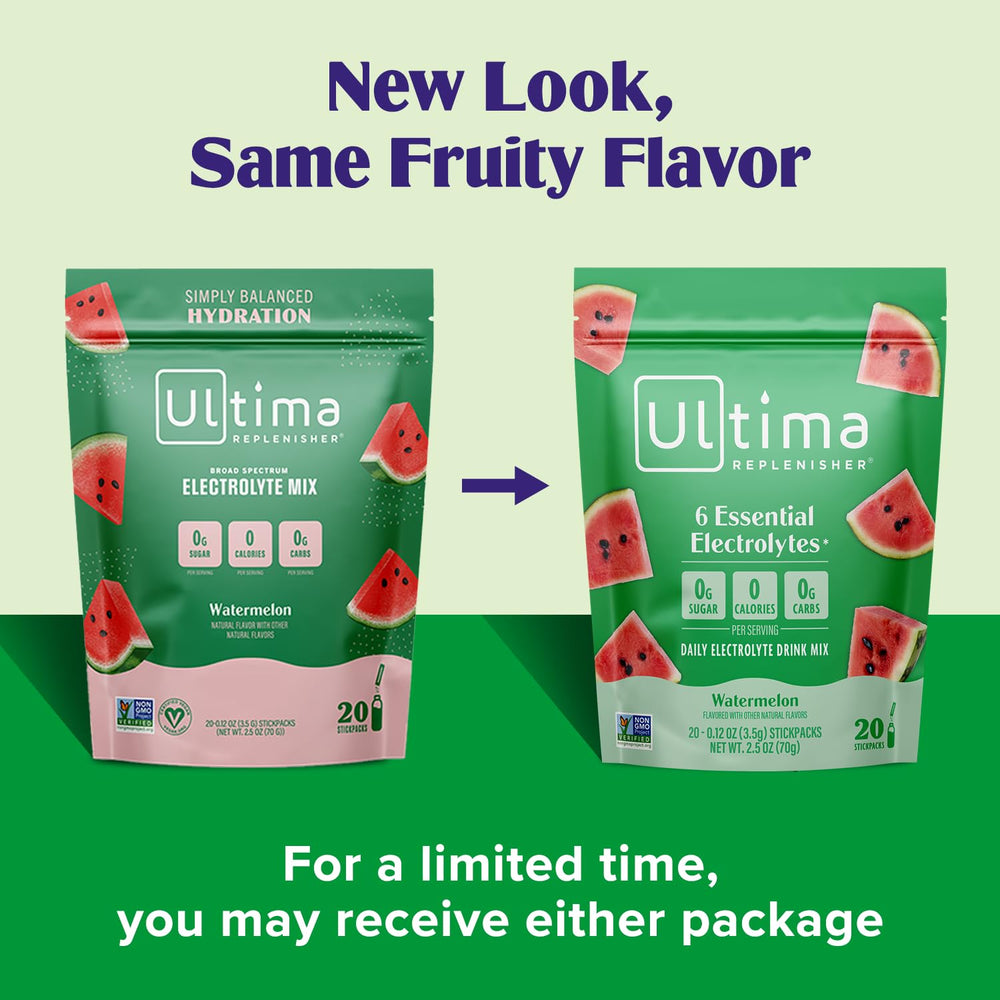 Label close-up of Ultima Replenisher Watermelon showing plant-based electrolytes.