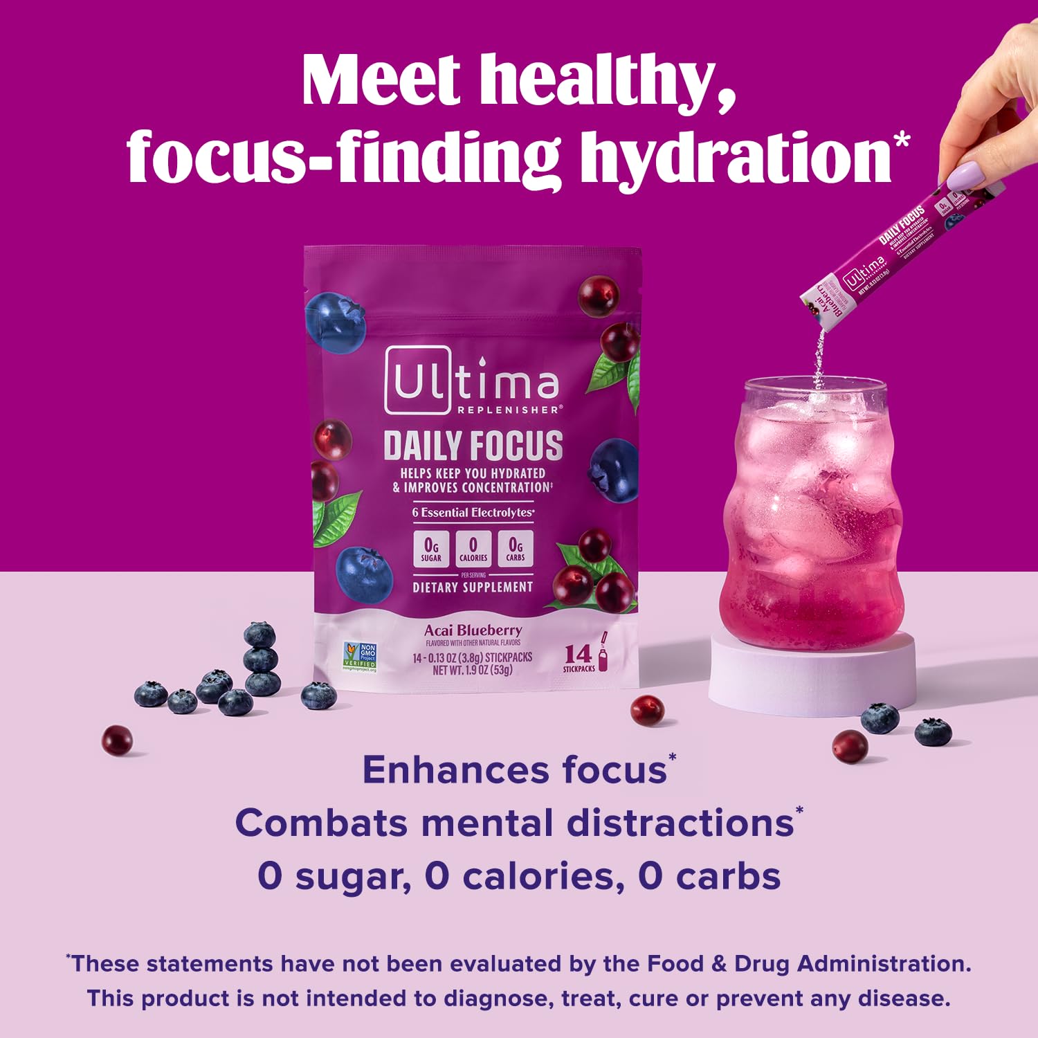 Ultima Replenisher Daily Focus drink in glass ready for a study session
