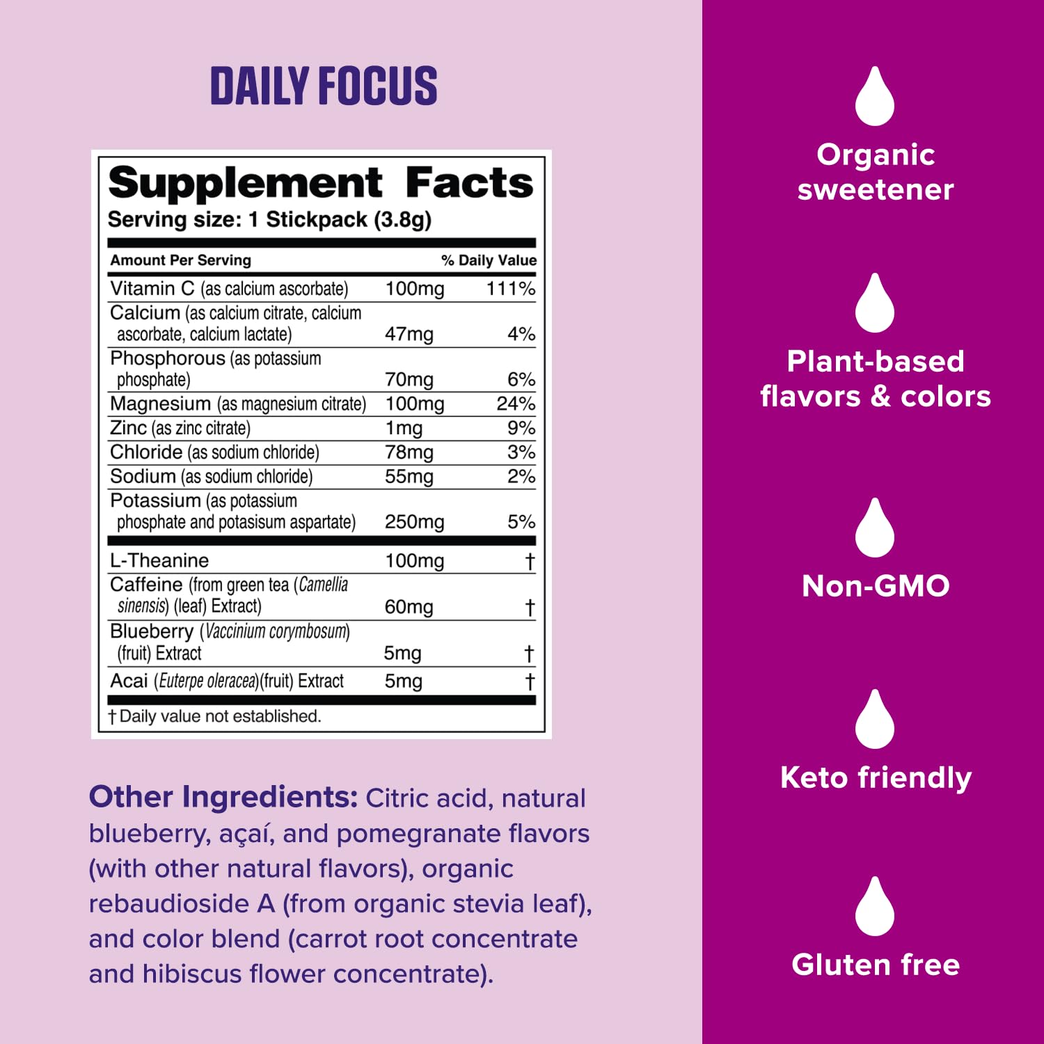 Ultima Replenisher Daily Focus packaging with ingredient highlights