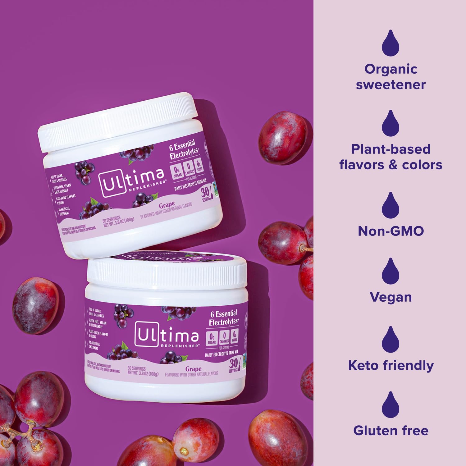 Real fruit flavor infusion in Ultima Replenisher grape mix for refreshing hydration