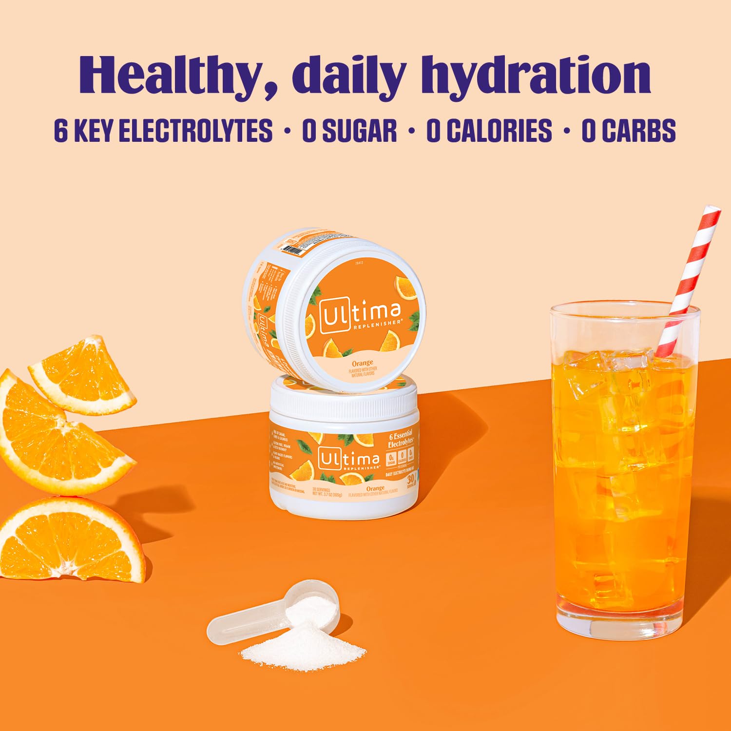 Glass of prepared Ultima Replenisher orange electrolyte beverage.