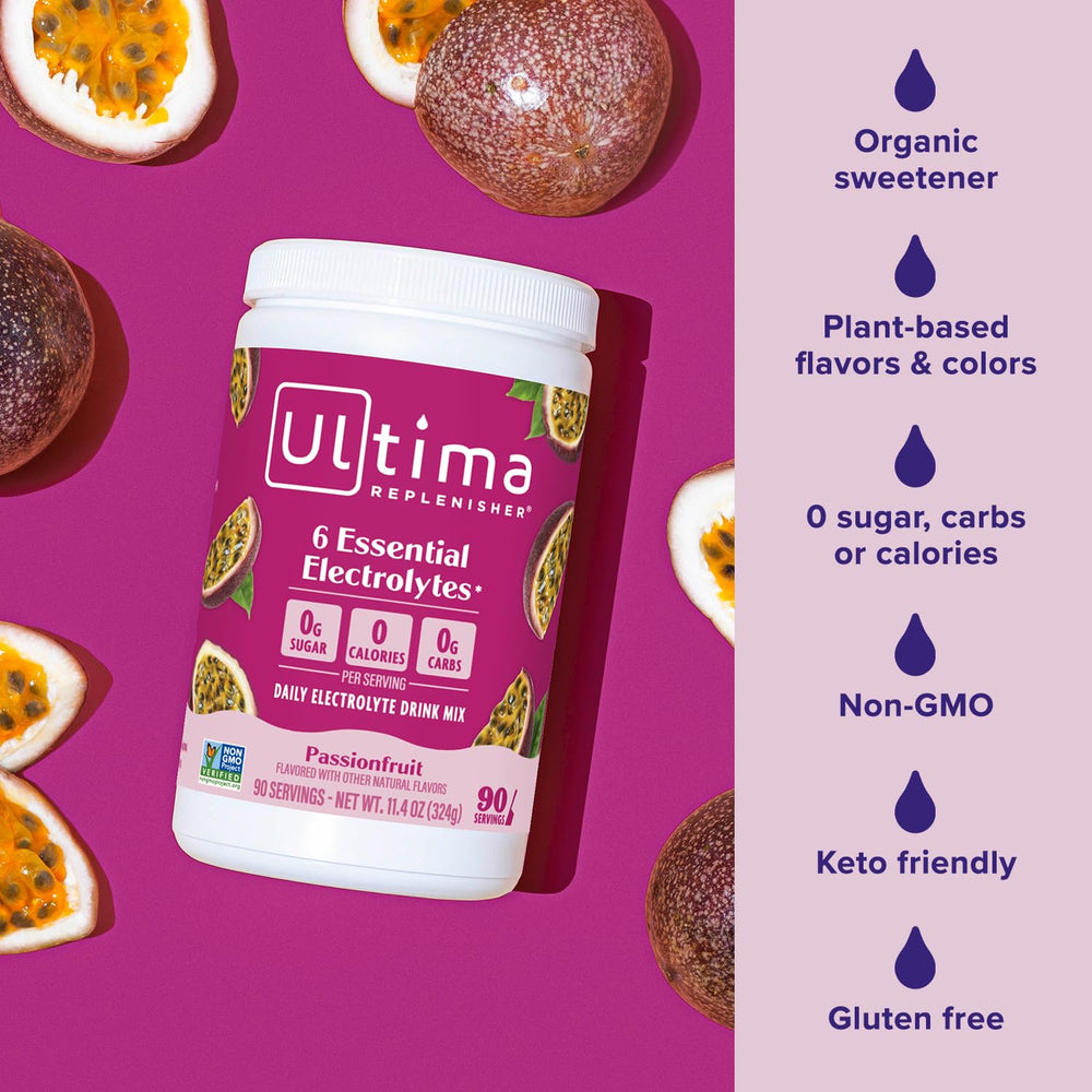 Glass of water with ice and passionfruit flavor from Ultima Replenisher