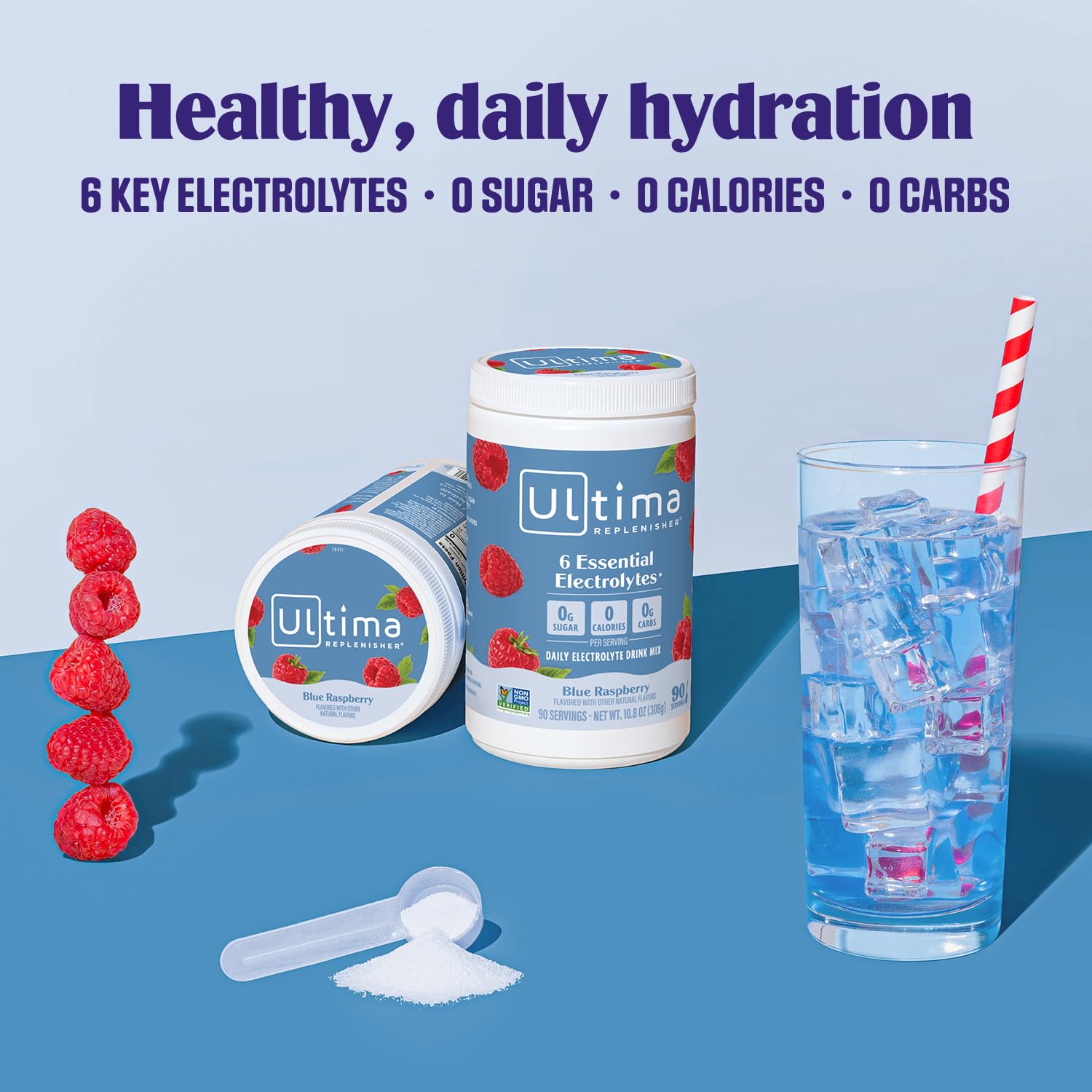Ultima Replenisher glass of water with powder ready to drink.