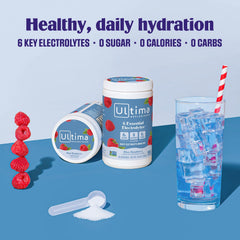 Ultima Replenisher glass of water with powder ready to drink.