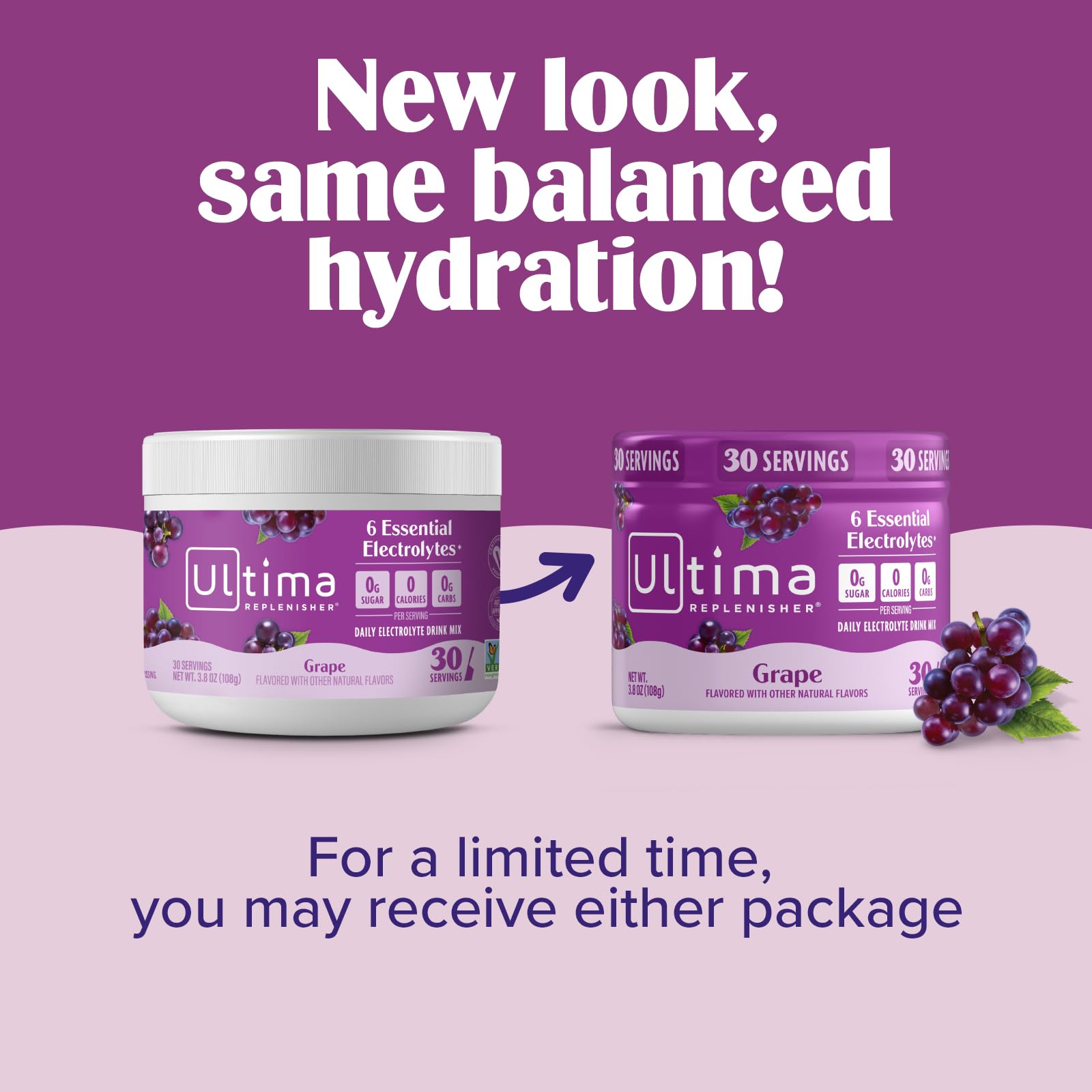 Glass of Ultima Replenisher electrolyte drink highlighting grape flavor for hydration