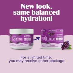 Glass of Ultima Replenisher electrolyte drink highlighting grape flavor for hydration