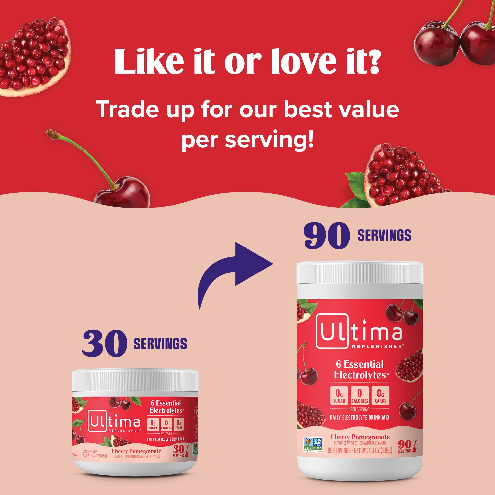 Glass with ice showing the vibrant cherry-pomegranate drink by Ultima Replenisher.