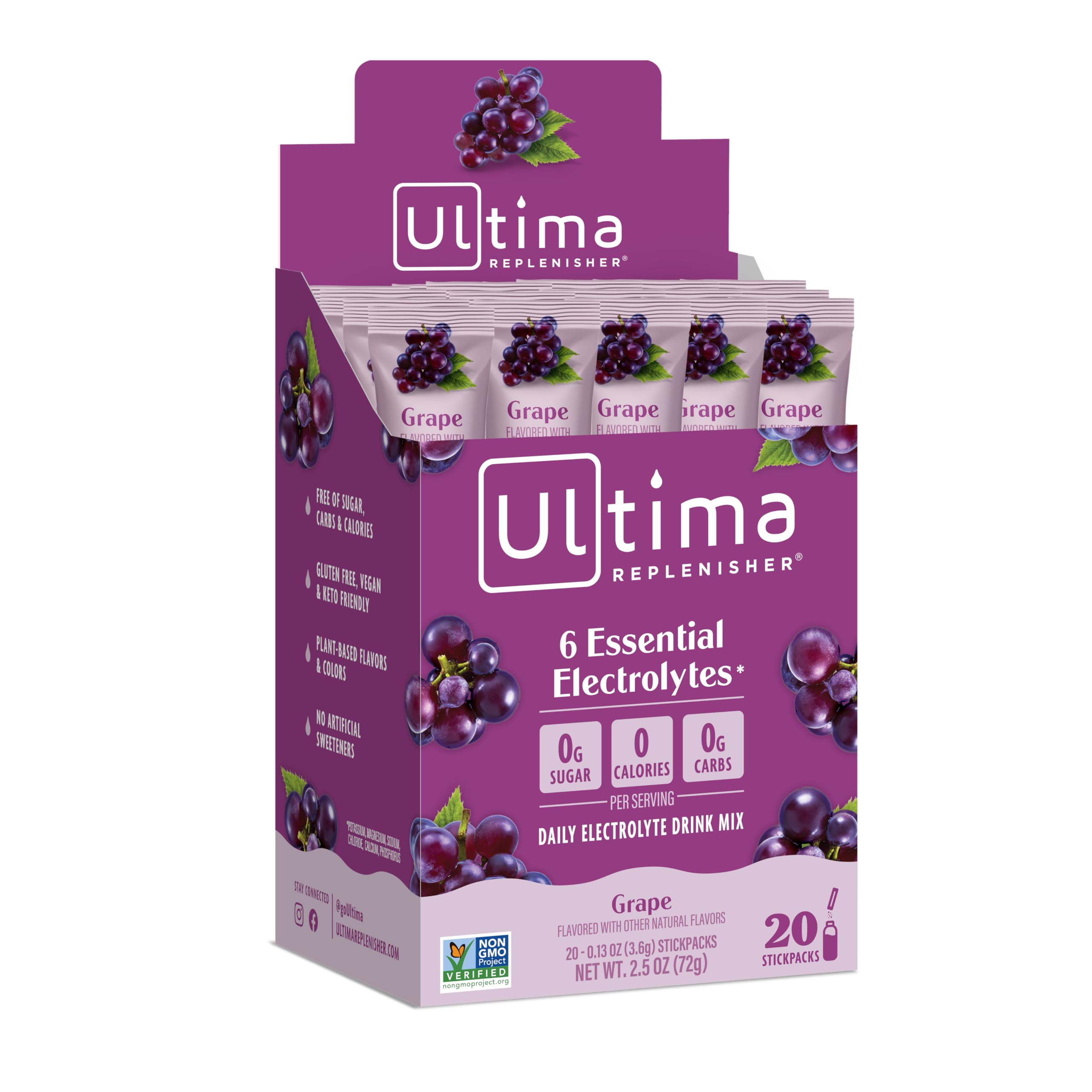 Ultima Replenisher grape box front highlighting zero sugar and zero calories for daily hydration.