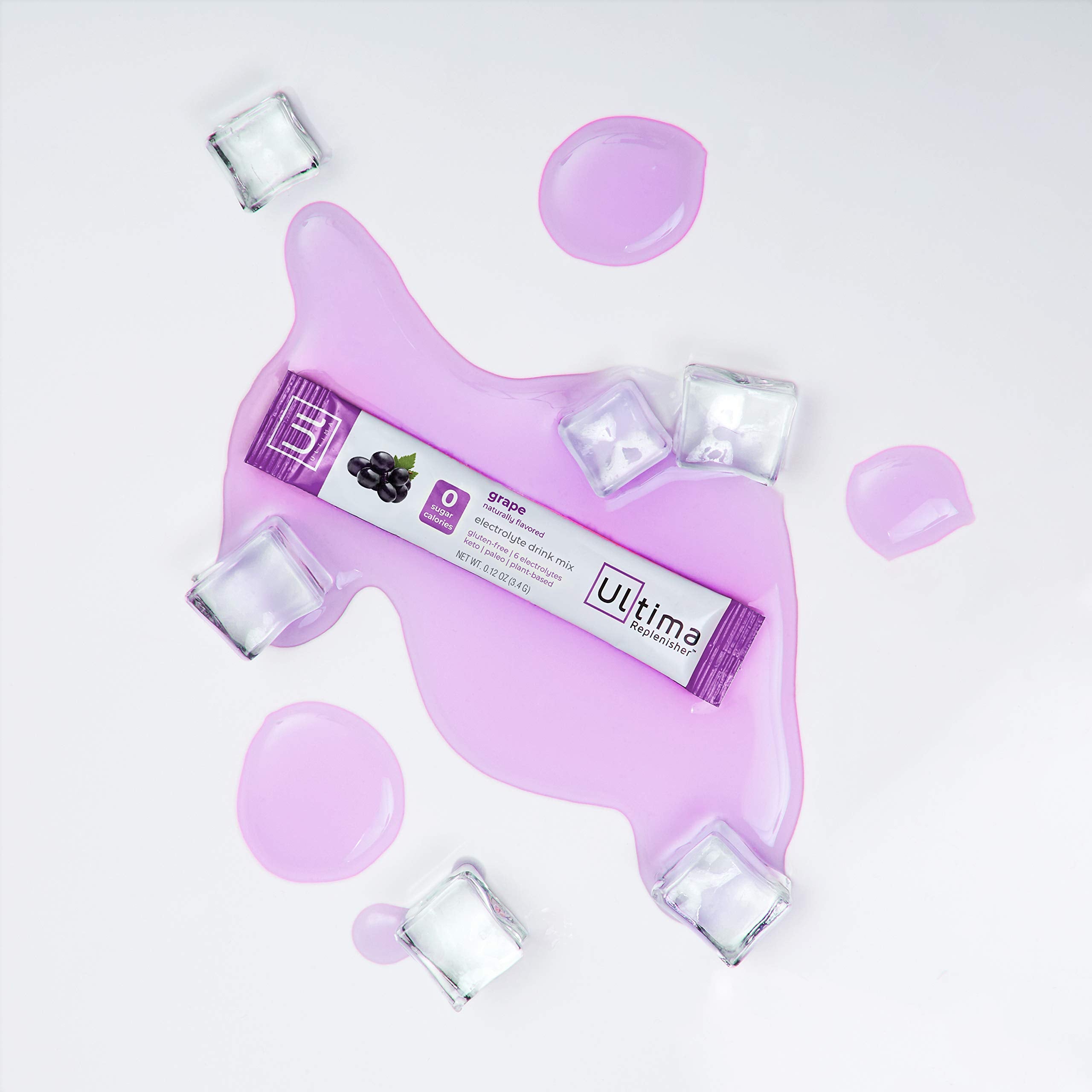 Ultima Replenisher grape glass with ice conveys refreshing, sugar-free hydration.