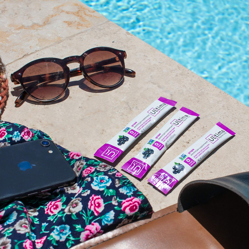 Ultima Replenisher grape nutrition label highlights electrolytes and vitamins.
