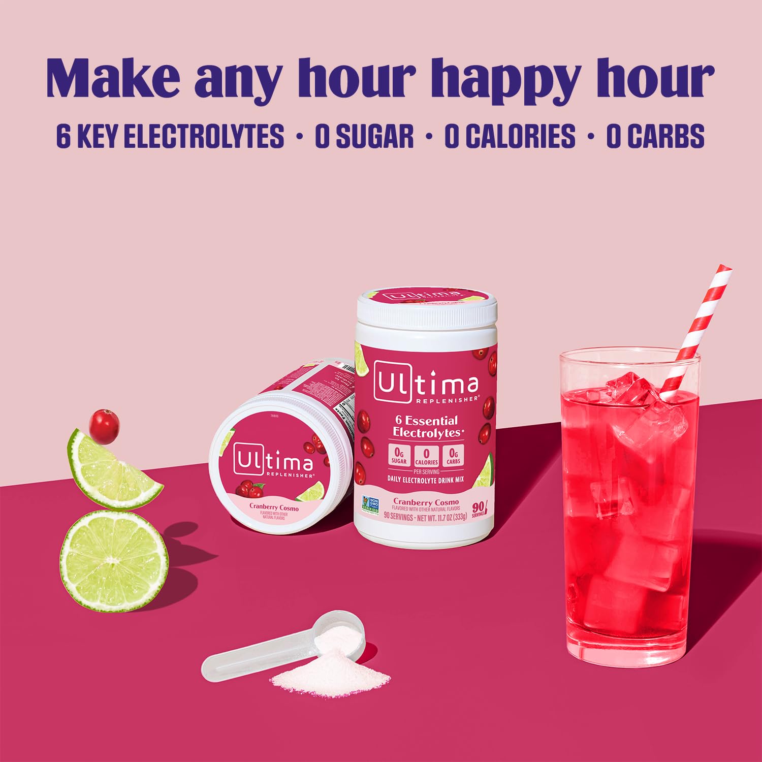 Ultima Replenisher ingredients panel highlights six electrolytes.