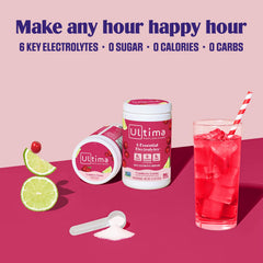 Ultima Replenisher ingredients panel highlights six electrolytes.