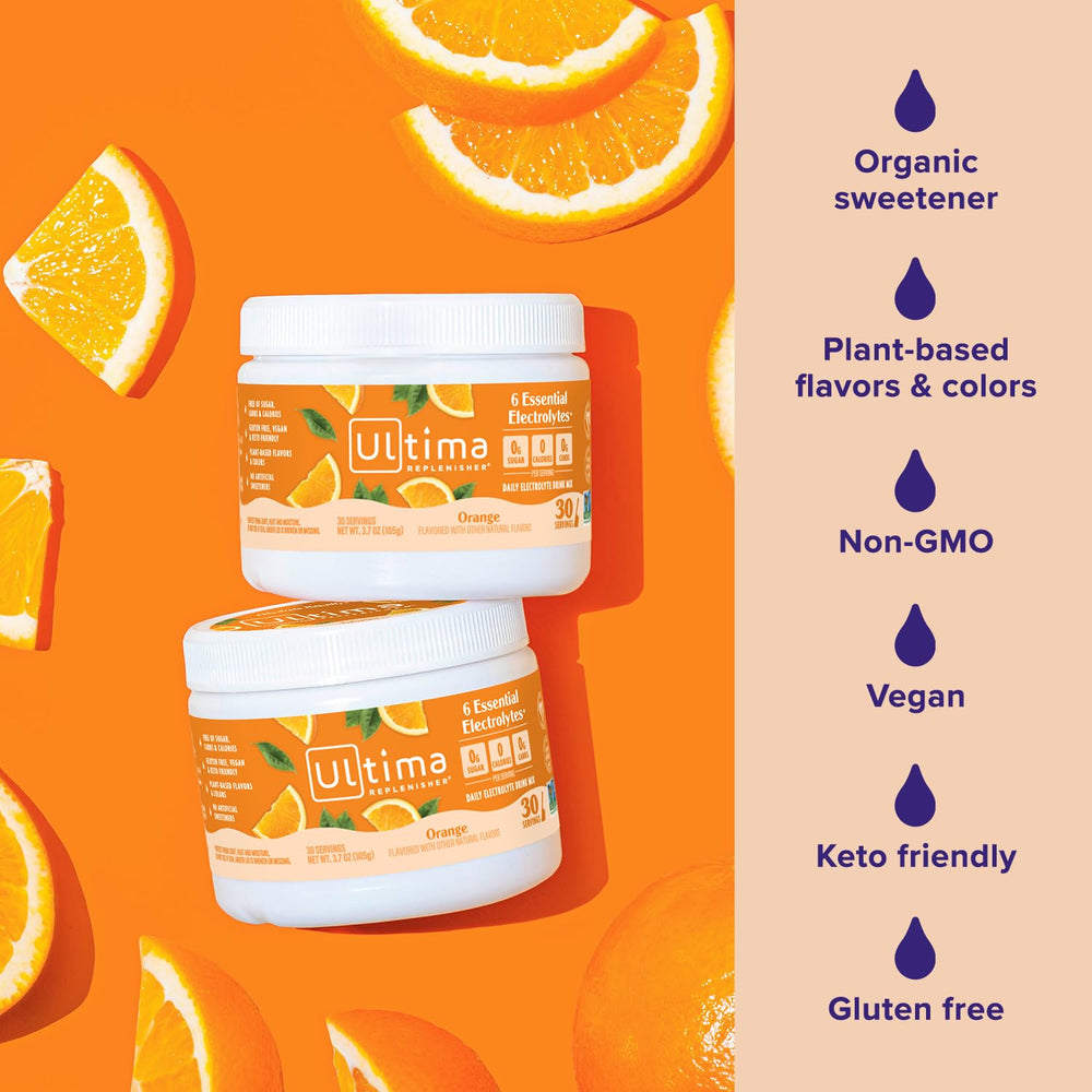 Close-up of Ultima Replenisher label highlighting electrolytes and vitamin C.