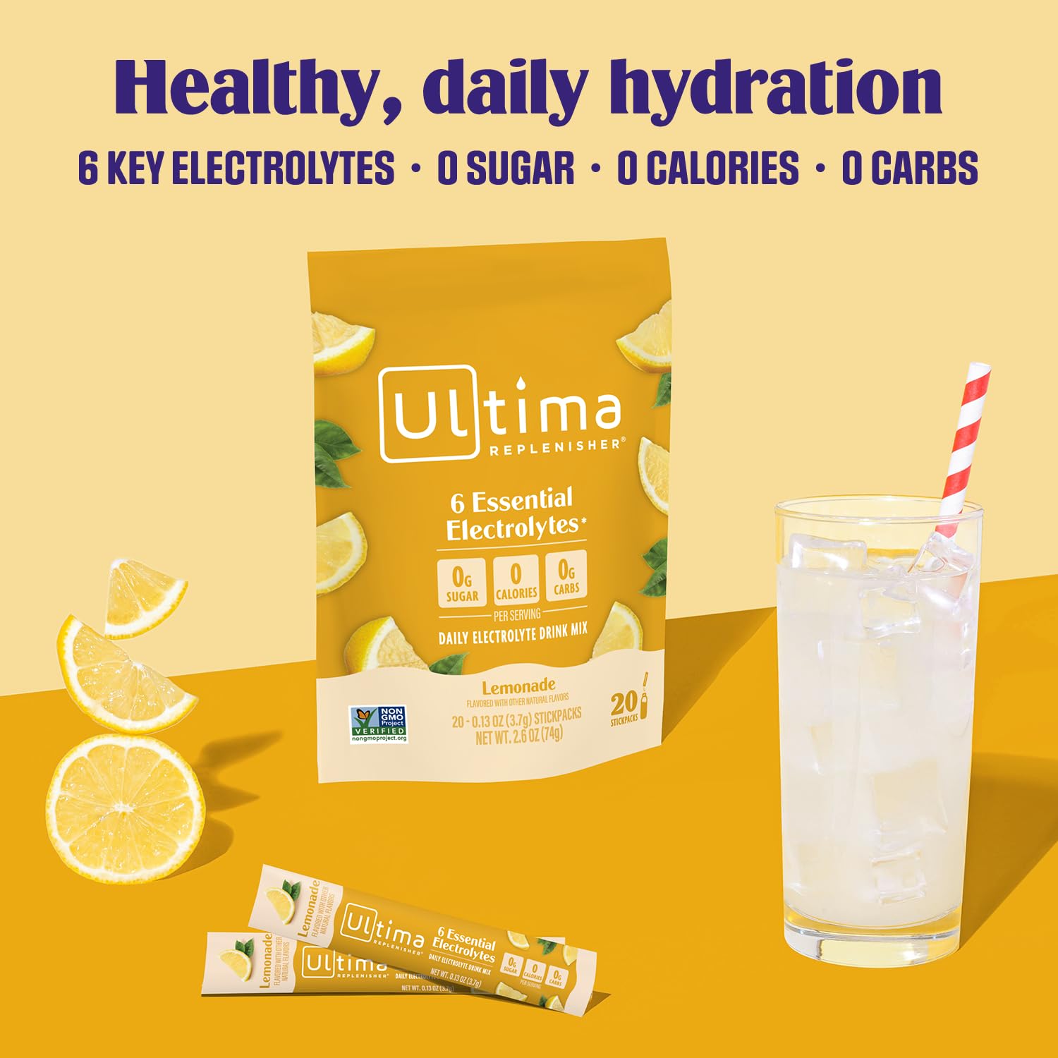 Ultima Replenisher lemonade hydration glass showing quick mix in water.