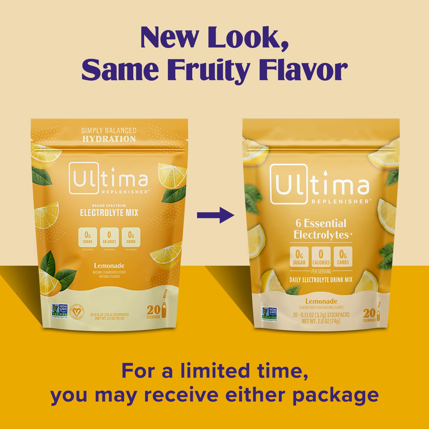 Ultima Replenisher lemonade stickpack close-up highlighting sugar-free formula.