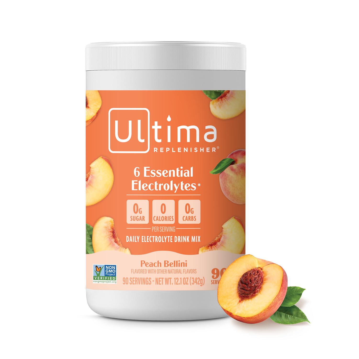 Ultima Replenisher Mocktini bottle front shows peach flavor for sugar free hydration