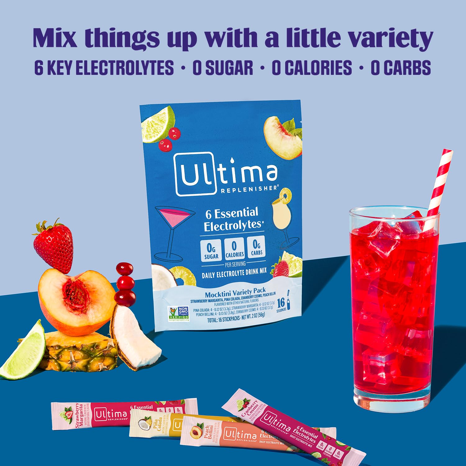 Ultima Replenisher Cranberry Cosmo stickpack on ice, electrolyte balance without sugar