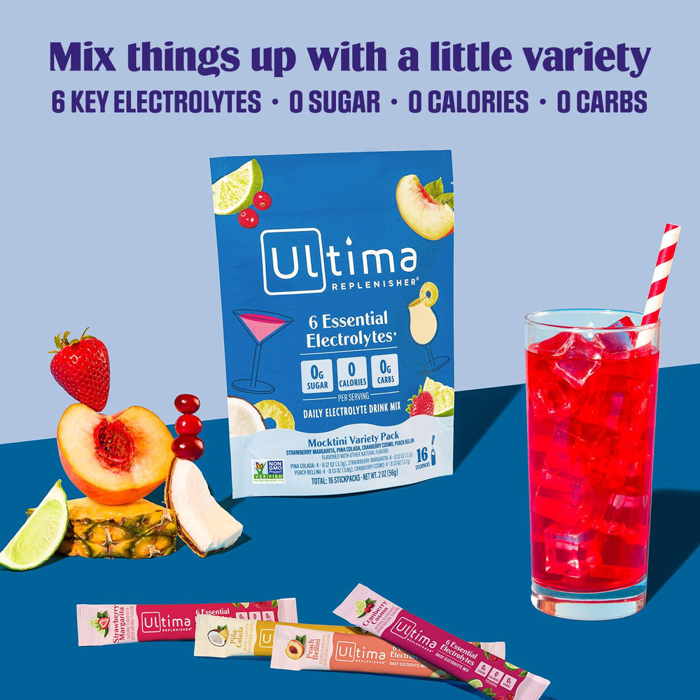 Ultima Replenisher Cranberry Cosmo stickpack on ice, electrolyte balance without sugar