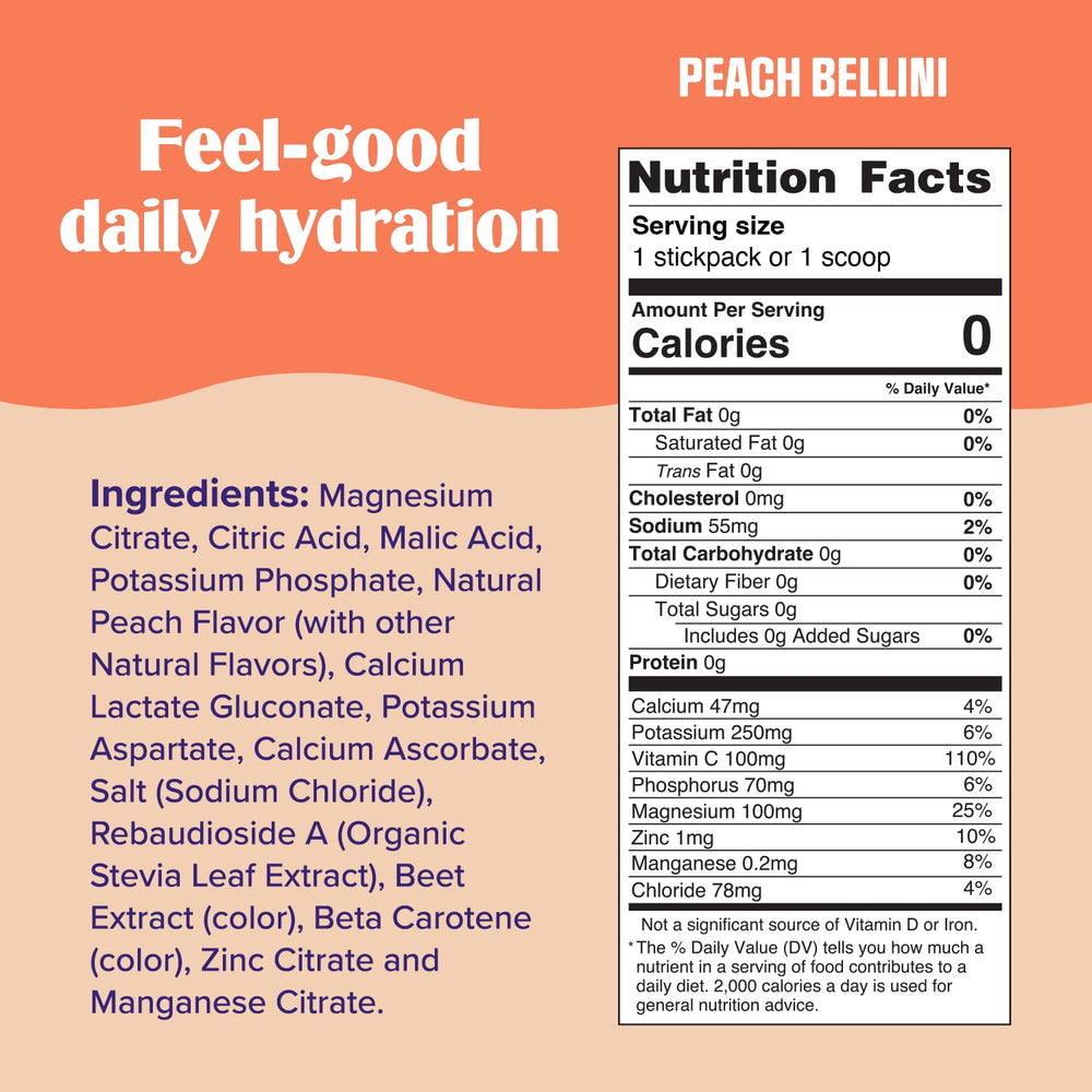 Ultima Replenisher Mocktini glass pour highlights peach bellini flavor for refreshing zero calorie hydration