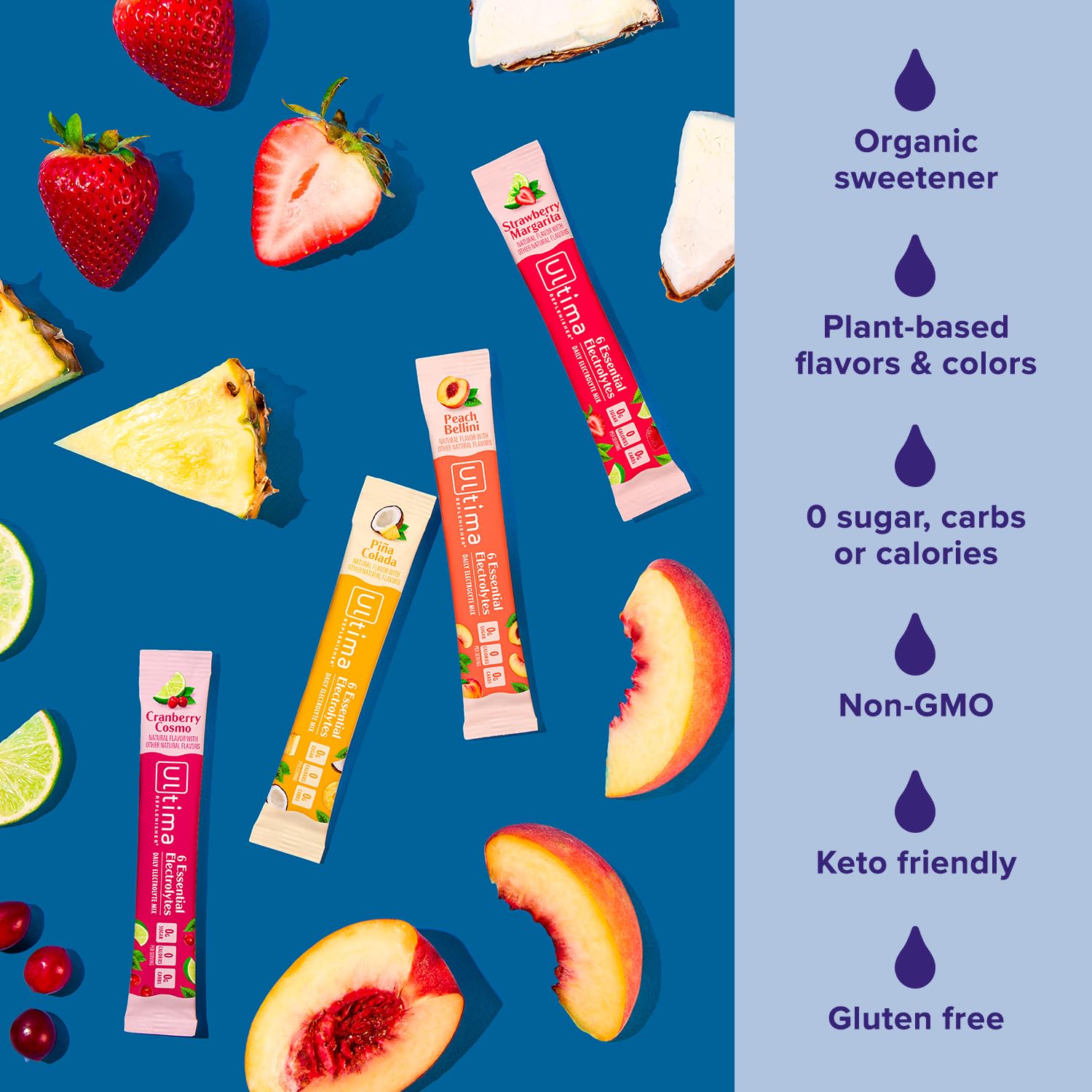 Ultima Replenisher Pina Colada stickpack on table with tropical decor