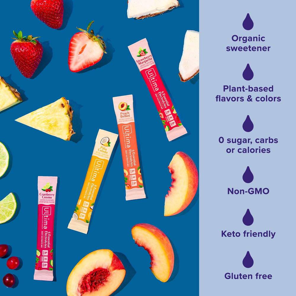 Ultima Replenisher Pina Colada stickpack on table with tropical decor