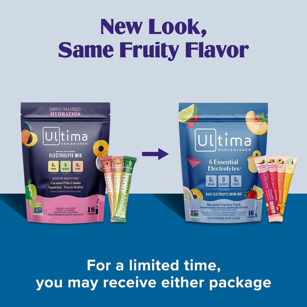 Ultima Replenisher Strawberry Margarita stickpack beside a glass, sugar-free hydration option