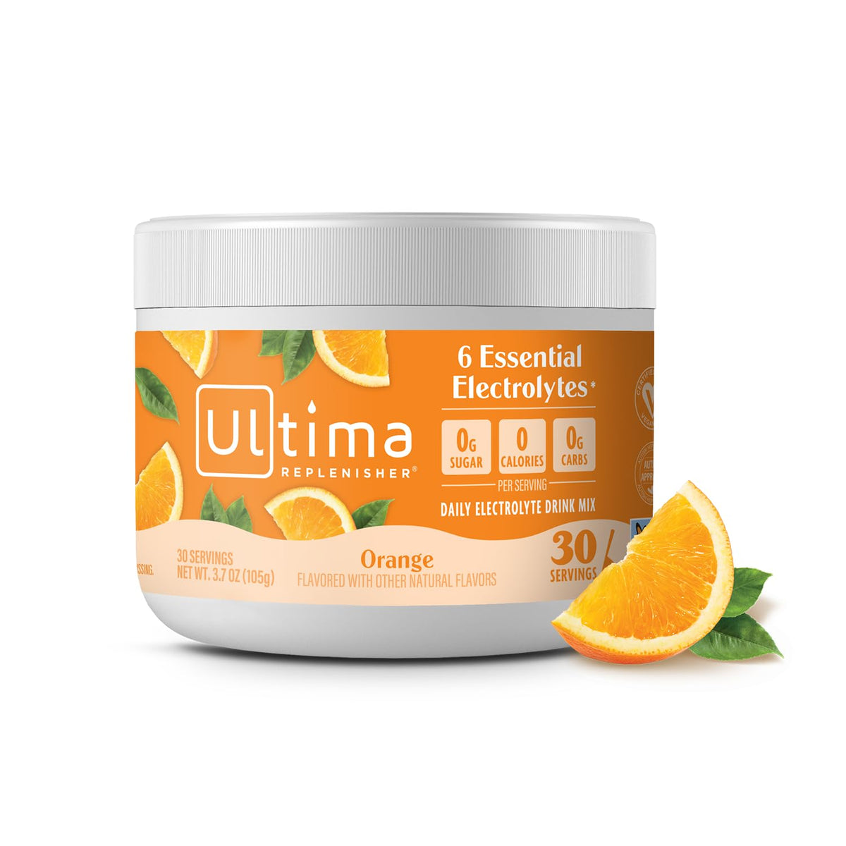 Ultima Replenisher orange canister promotes daily hydration with zero sugar.