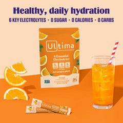 Glass with ice showing Ultima Replenisher orange hydration.