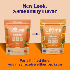 Ultima Replenisher orange powder dissolving in water for a refreshing drink.