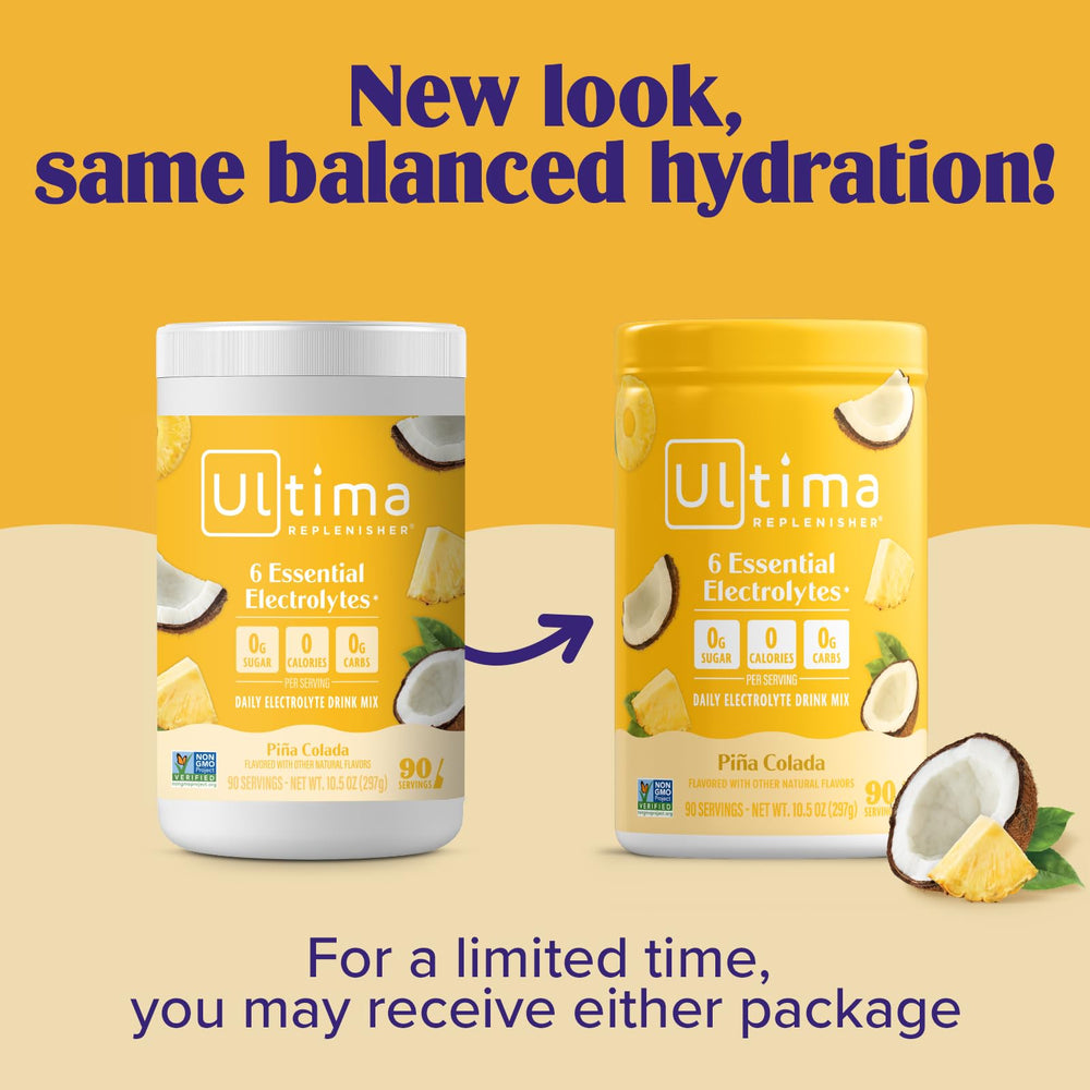 Ultima Replenisher Pineapple Colada serving glass highlights refreshing electrolyte drink.