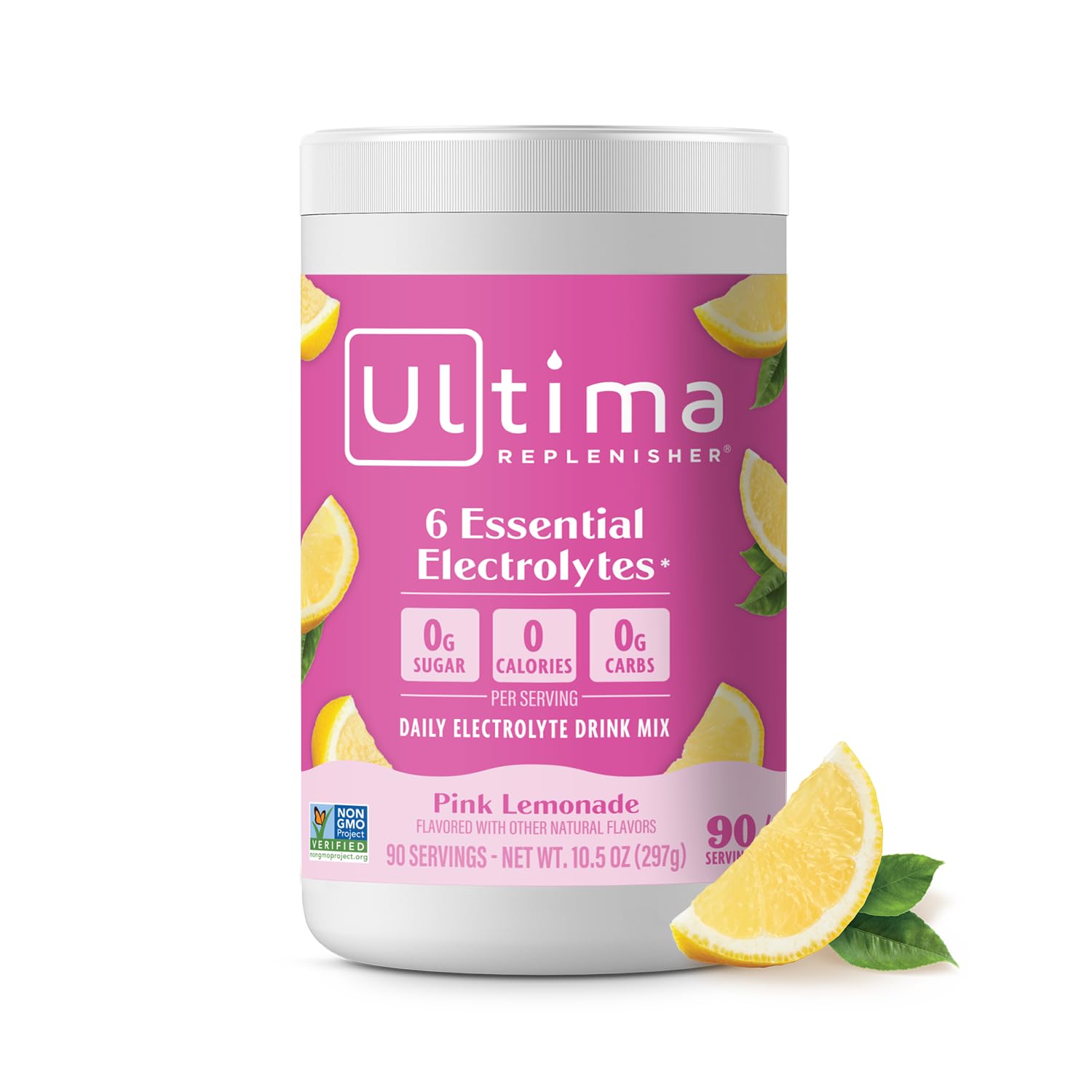 Ultima Replenisher Pink Lemonade canister for sugar-free hydration with six electrolytes.
