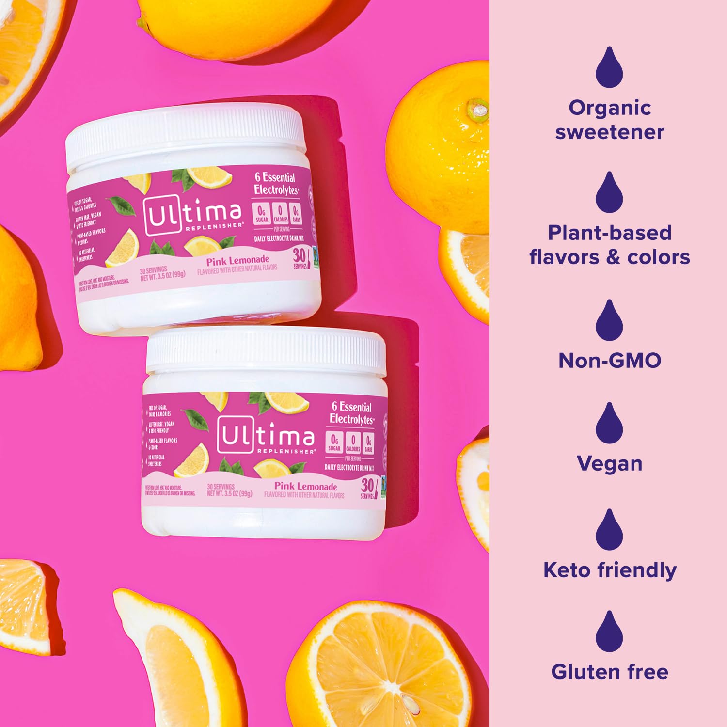 Ultima Replenisher pink lemonade glass with ice highlights cooling, flavorful hydration