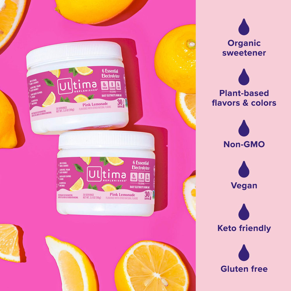 Ultima Replenisher pink lemonade glass with ice highlights cooling, flavorful hydration