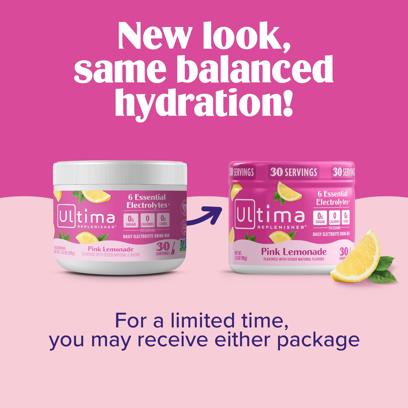 Ultima Replenisher pink lemonade poured glass suggests refreshing hydration with zero sugar
