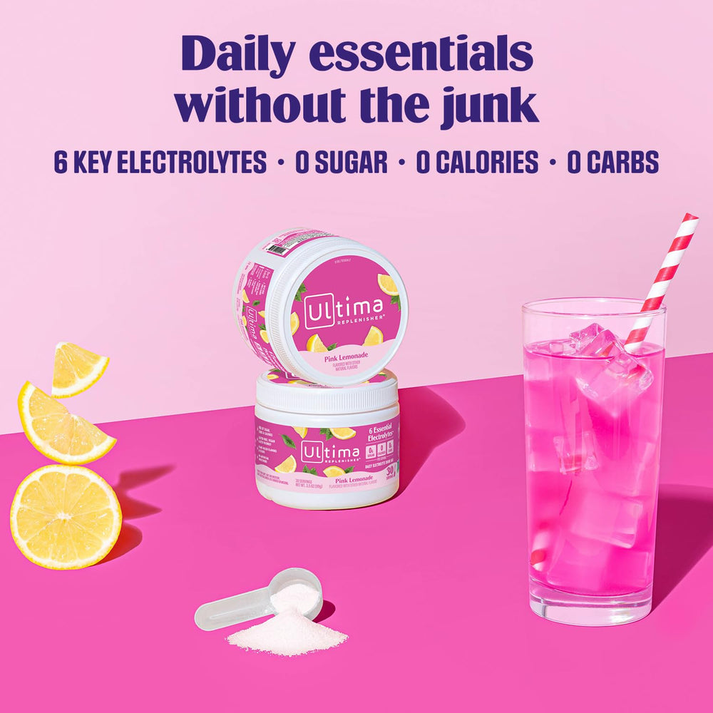 Ultima Replenisher pink lemonade powder scoop shows easy daily hydration dosing