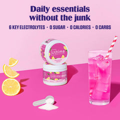 Ultima Replenisher pink lemonade powder scoop shows easy daily hydration dosing