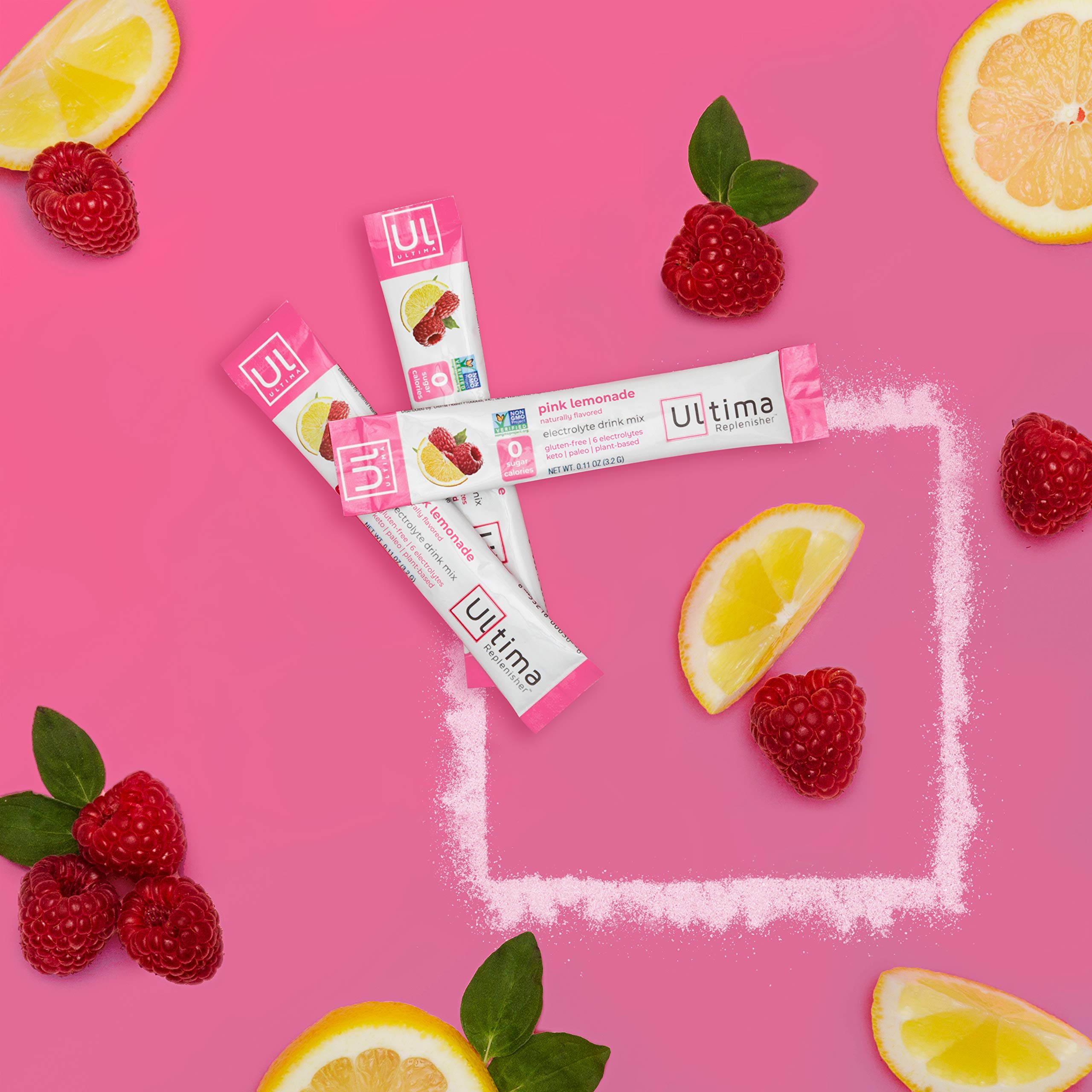 Ultima Replenisher pink lemonade serving glass with ice showcases refreshing, zero sugar hydration