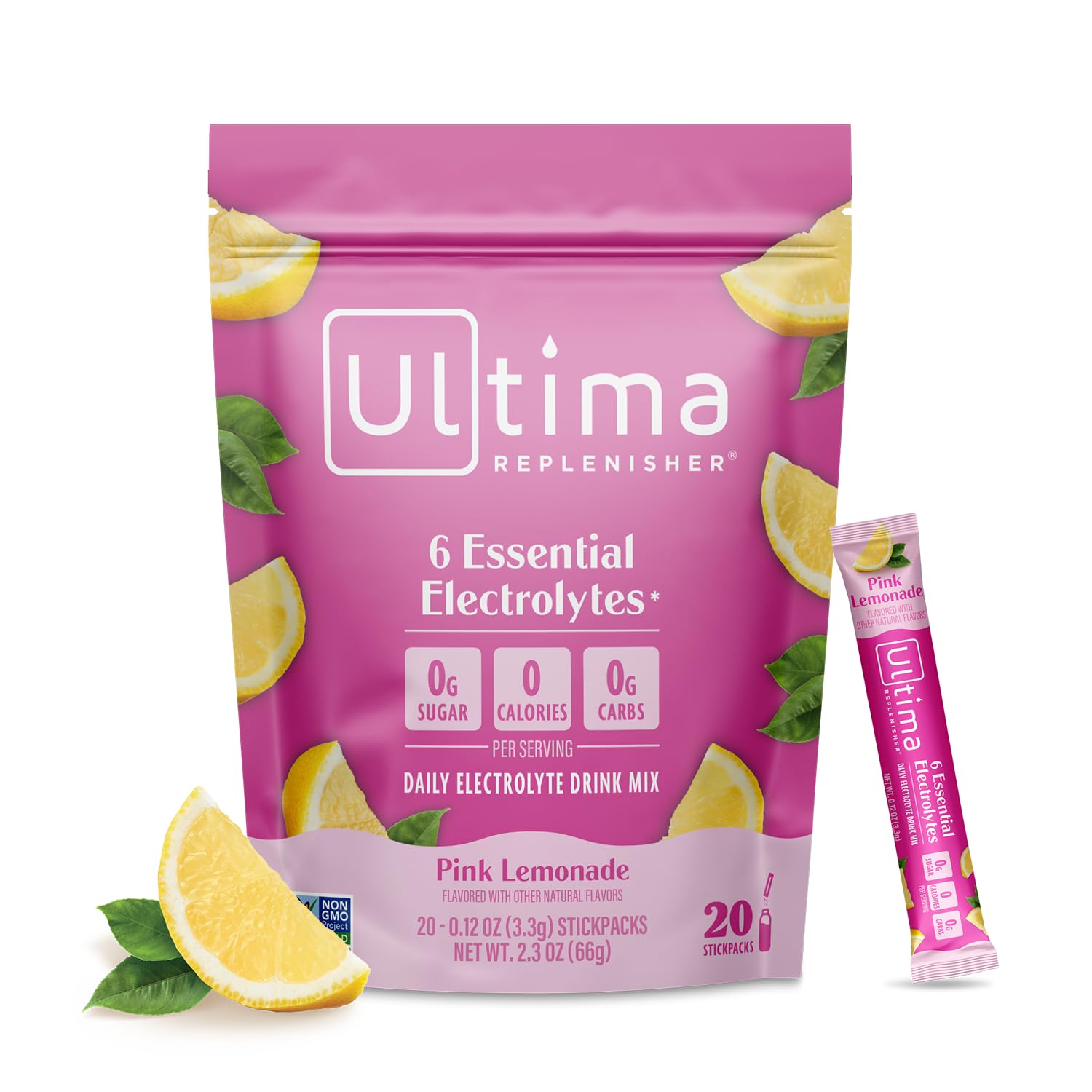 Ultima Replenisher pink lemonade stickpack for refreshing hydration